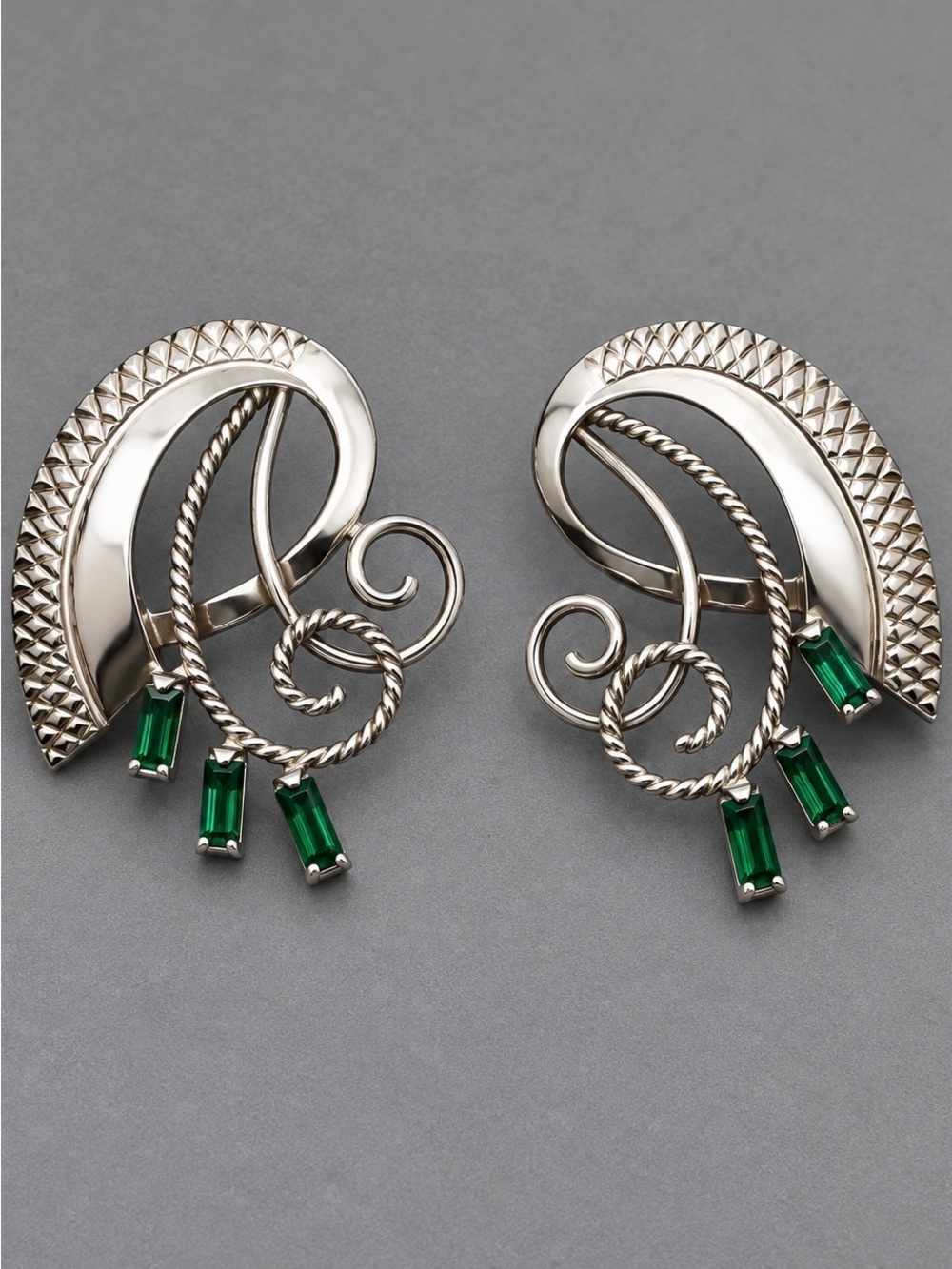 Silver-Tone Swirl Earrings with Emerald Green Stones